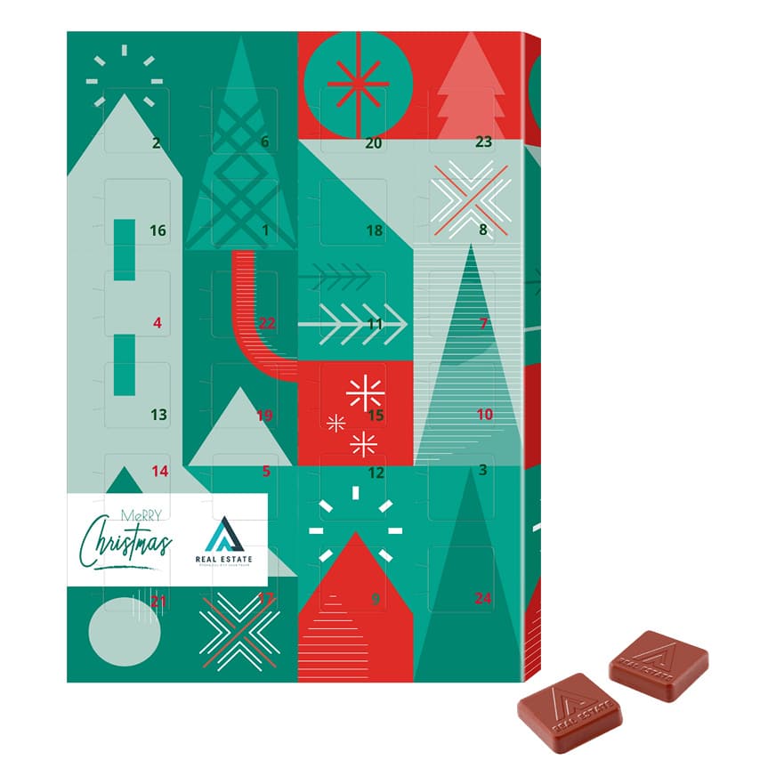 Adventskalender mit Logoprägung auf der Schokolade