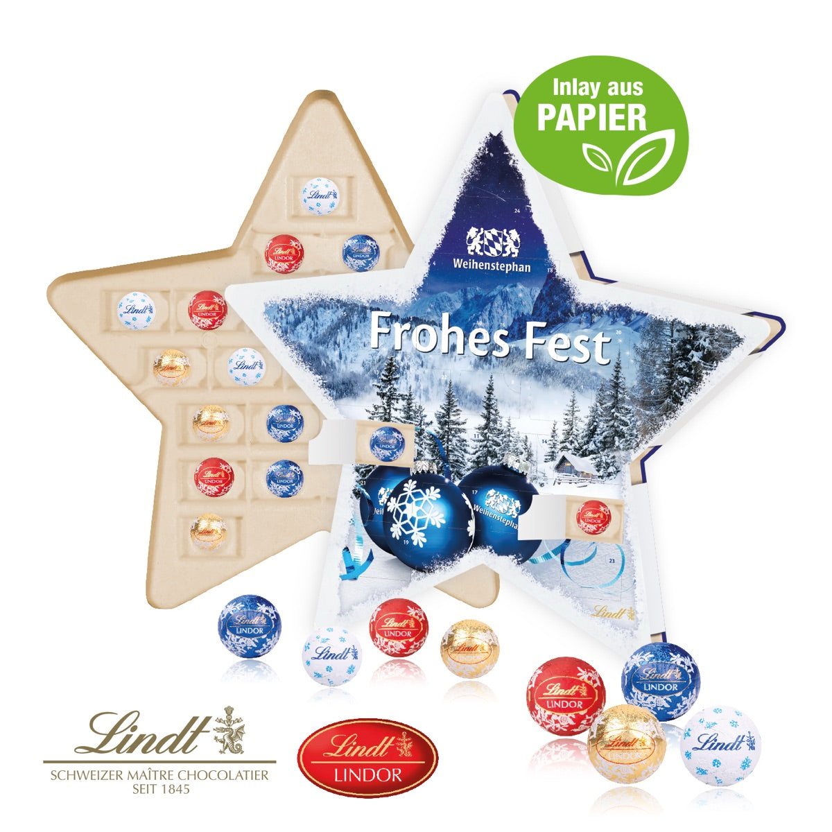 Adventskalender Stern mit Lindt Schokolade, Inlay aus Papier