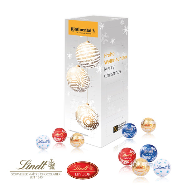 Adventskalender Turm mit Lindt Schokolade mit Logo bedrucken