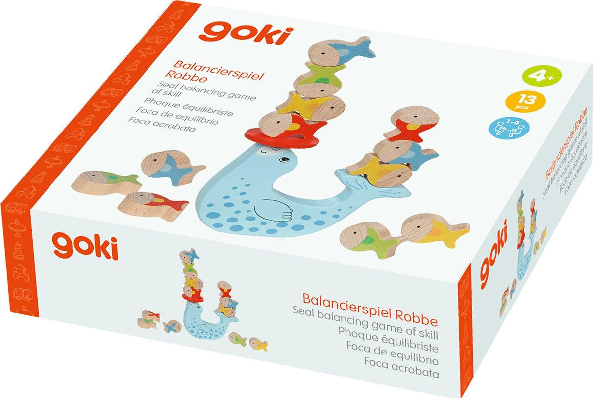 Balancierspiel Robbe mit stapelbaren Holzfischen von goki – weitere Ansicht