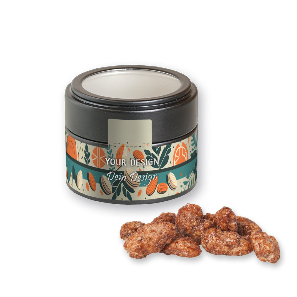 Bio Feuergebrannte Mandeln in der schwarzen Metalldose Mini – Bio Feuergebrannte Mandeln, ca. 60 g