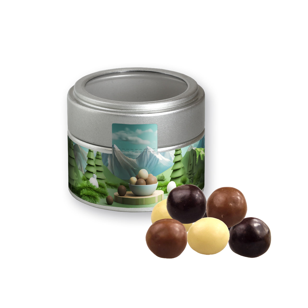Bio Feuergebrannte Mandeln in der silbernen Metalldose Mini – Bio Knusperkugeln Mix, ca. 45 g