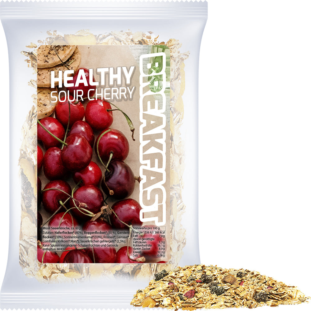 Bio Fruchtmüsli in der Maxi Tüte mit Etikett – Bio Müsli Sauerkirsche, ca. 50 g