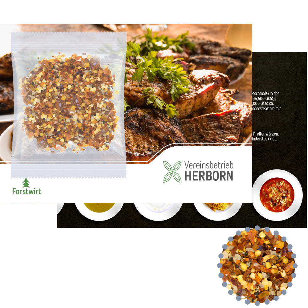 Bio Gewürzmischungen auf der Werbekarte A6 – Bio Gewürzmischung Feuer und Flamme, ca. 10 g