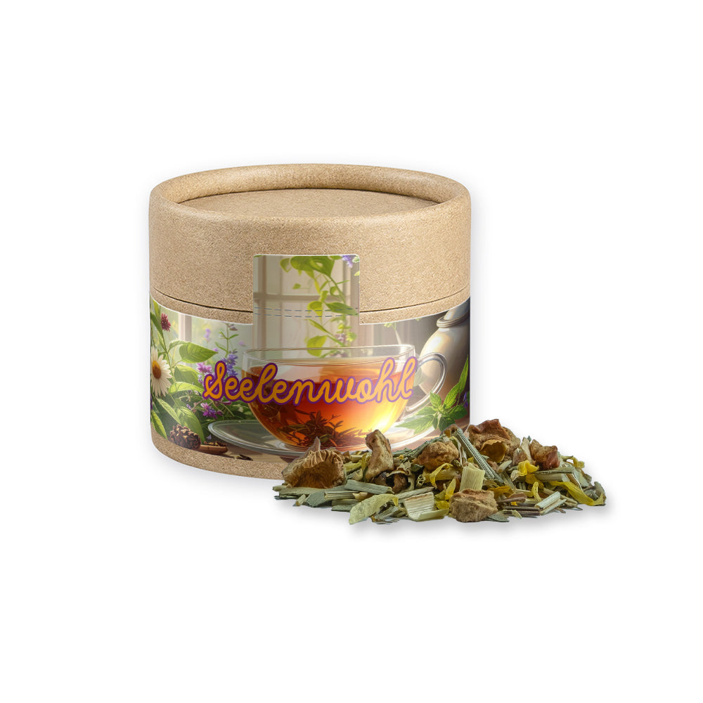 Bio Kräutertee in der kleinen Kraftpapierdose – Bio Kräutertee Seelenwohl, ca. 11 g