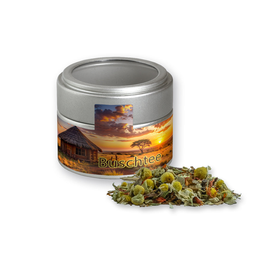 Bio Kräutertee in der silbernen Metalldose Mini – Bio Rotbuschtee Entspannungszeit, ca. 25 g
