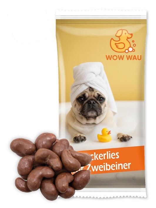 Bio Snack Werbetütchen 30 g mit Deinem Design – Bio Cashews in Vollmilch Schokolade mit Salzkaramell, 30 g