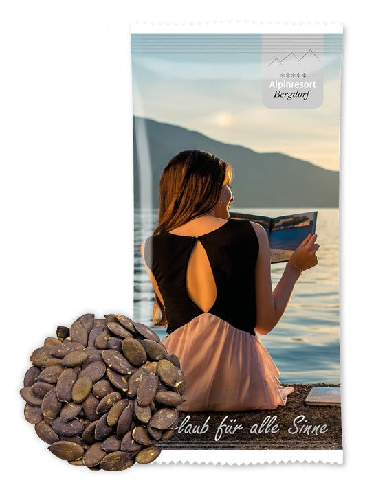 Bio Snack Werbetütchen 30 g mit Deinem Design – Bio Kürbiskerne würzig, 30 g