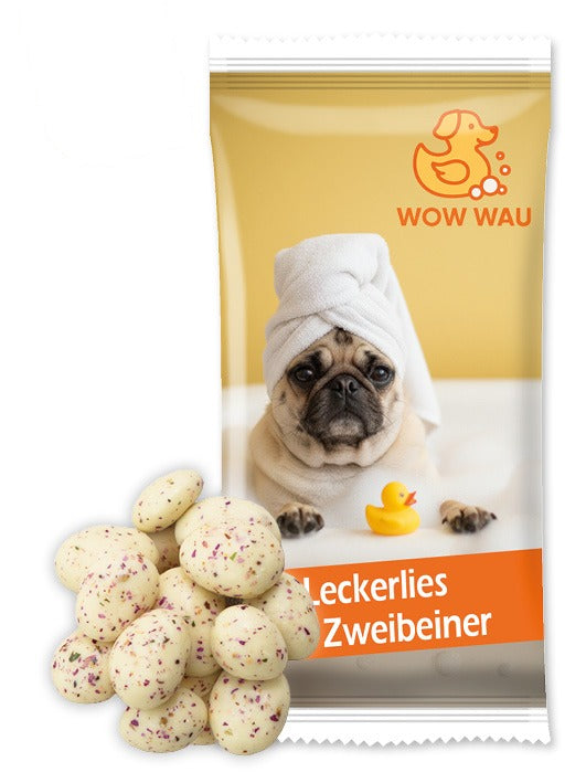 Bio Snack Werbetütchen 30 g mit Deinem Design – Bio Mandeln in weißer Schokolade mit Rosenblüten, 30 g