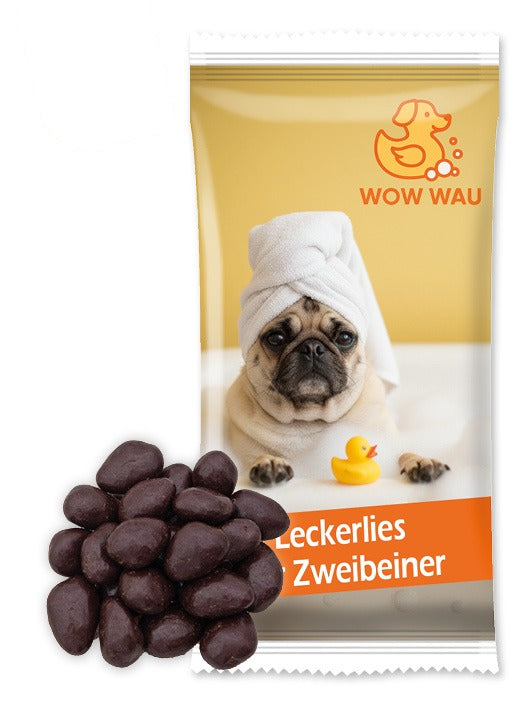 Bio Snack Werbetütchen 30 g mit Deinem Design – Bio Mandeln in Zartbitter Schokolade mit Salzkaramell, 30 g