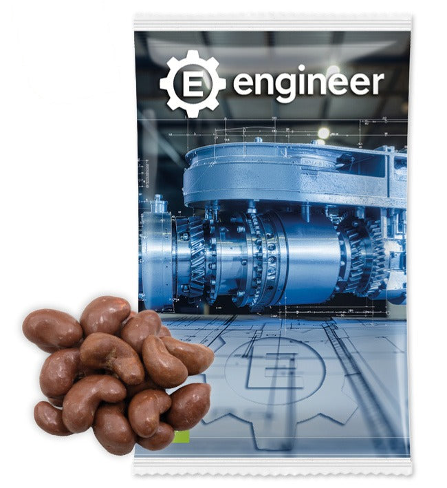 Bio Snack Werbetütchen 40 bis 50 g mit Deinem Design – Bio Cashews in Vollmilch Schokolade mit Salzkaramell, 50 g