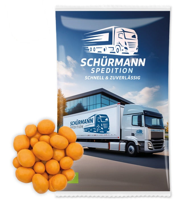 Bio Snack Werbetütchen 40 bis 50 g mit Deinem Design – Bio Cranberries in Orangen Schokolade, 50 g