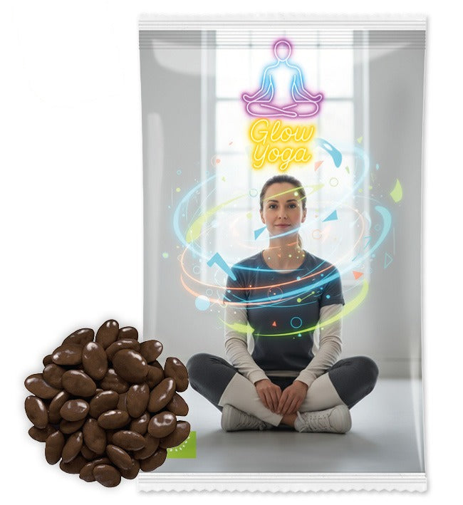 Bio Snack Werbetütchen 40 bis 50 g mit Deinem Design – Bio Kürbiskerne in Zartbitter Schokolade, 50 g