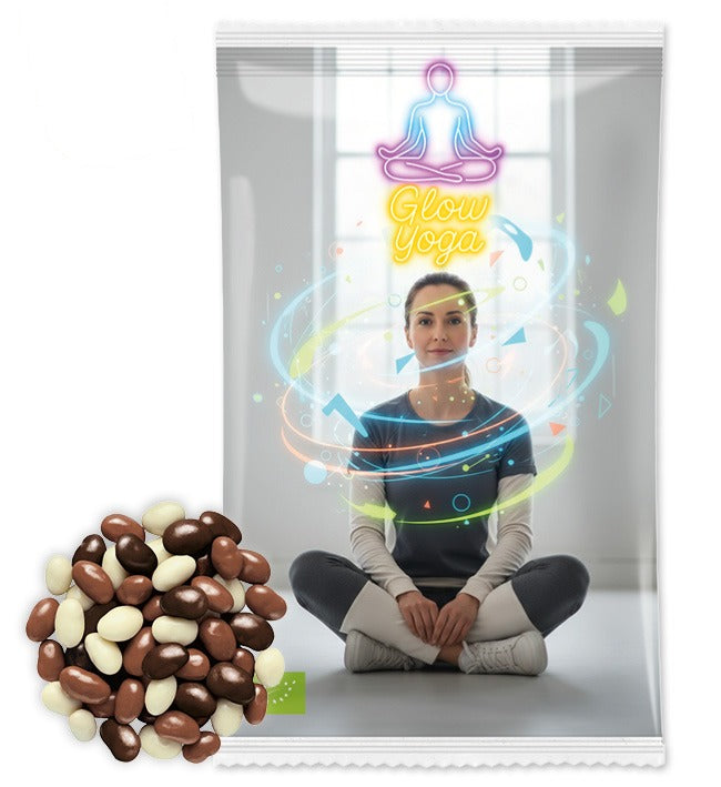 Bio Snack Werbetütchen 40 bis 50 g mit Deinem Design – Bio Soja in dreierlei Schokoladen, 50 g