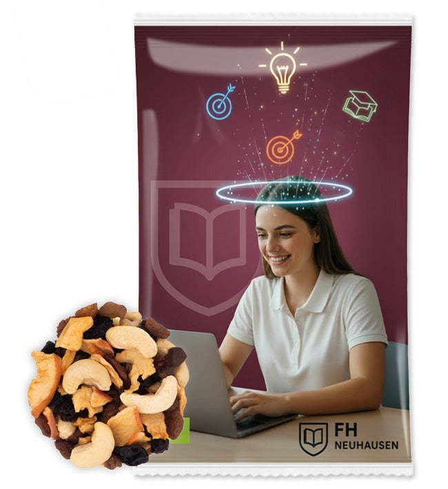Bio Snack Werbetütchen 40 bis 50 g mit Deinem Design – Bio Studentenfutter Apfel Kirsche, 50 g