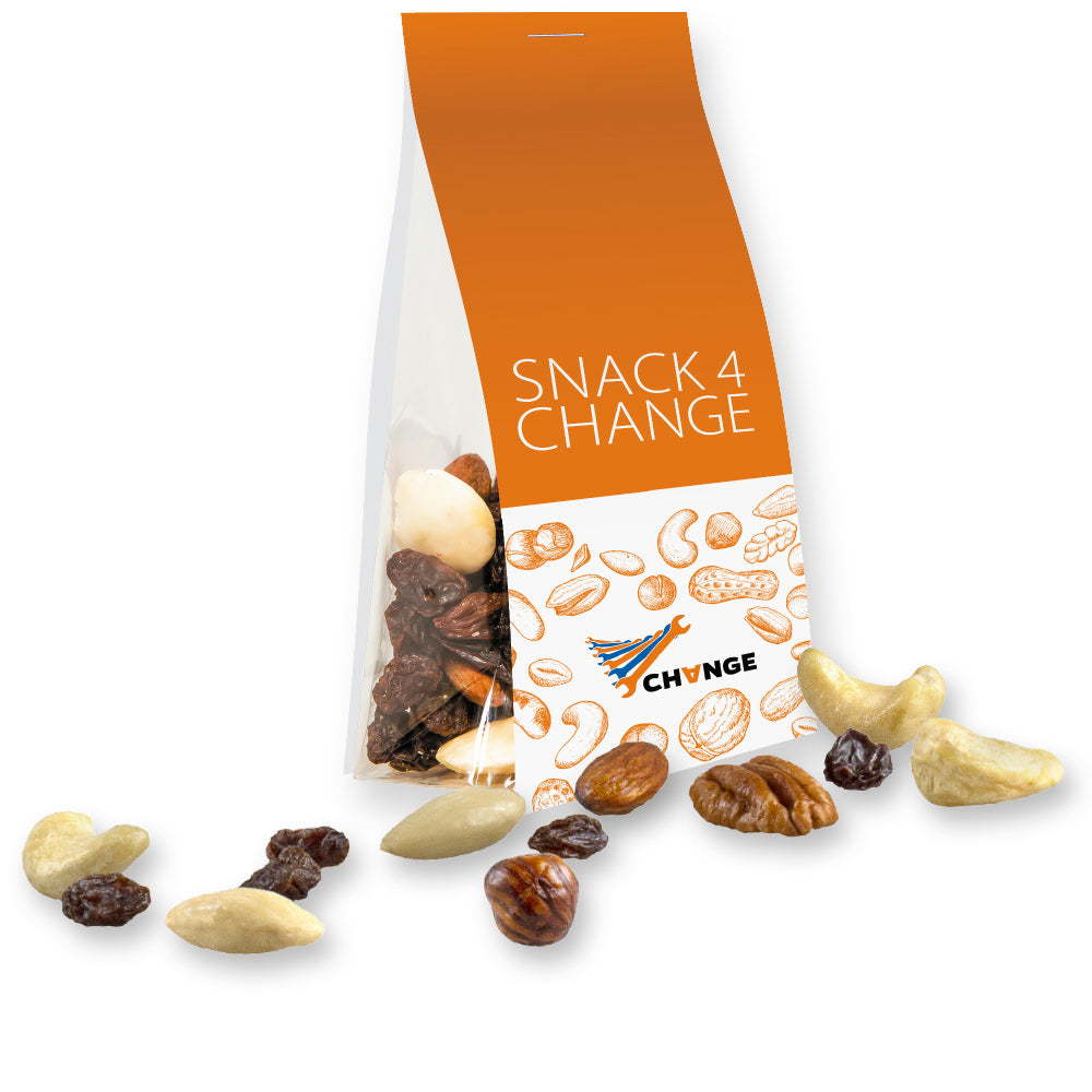 Bio Snacks im Standbeutel mit Werbereiter – Bio Studentenfutter, ca. 40 g