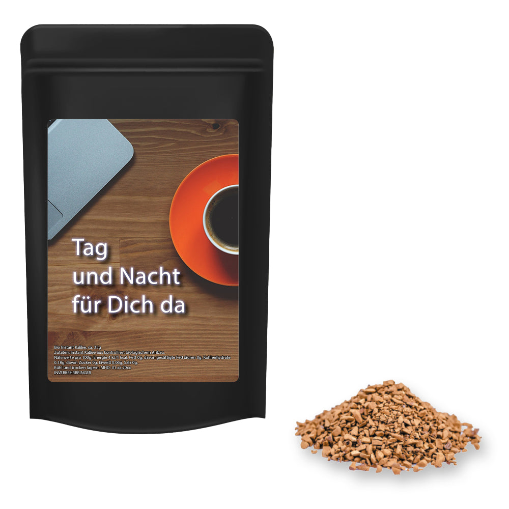 Bio Tee und Kaffee im schwarzen Standbeutel Midi – Bio Instant Kaffee, ca. 35 g