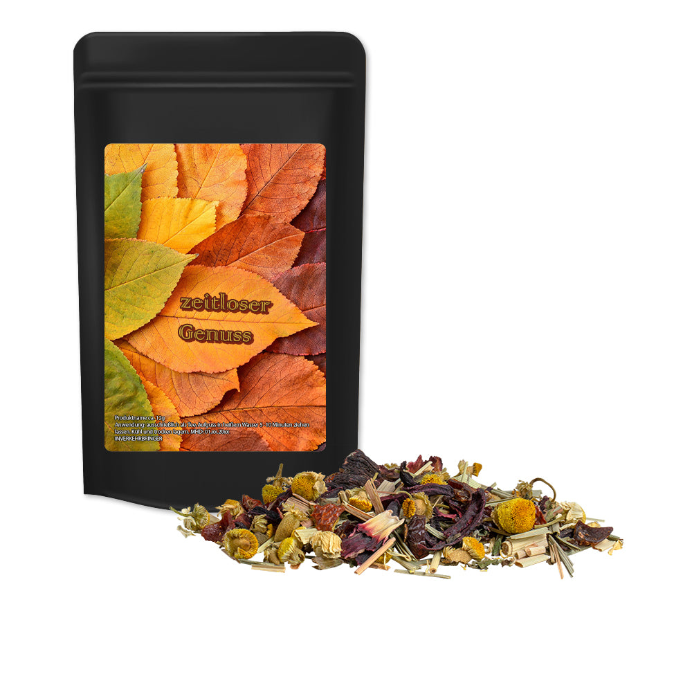 Bio Tee und Kaffee im schwarzen Standbeutel Mini – Bio Kräutertee Vierjahreszeiten, ca. 10 g