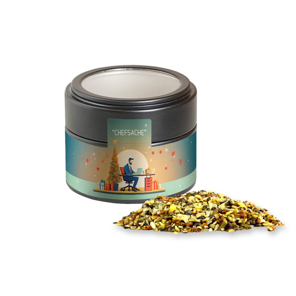 Bio Weihnachtsgewürze in der schwarzen Metalldose Mini – Bio Weihnachts Gewürzmischung Chefsache, ca. 50 g