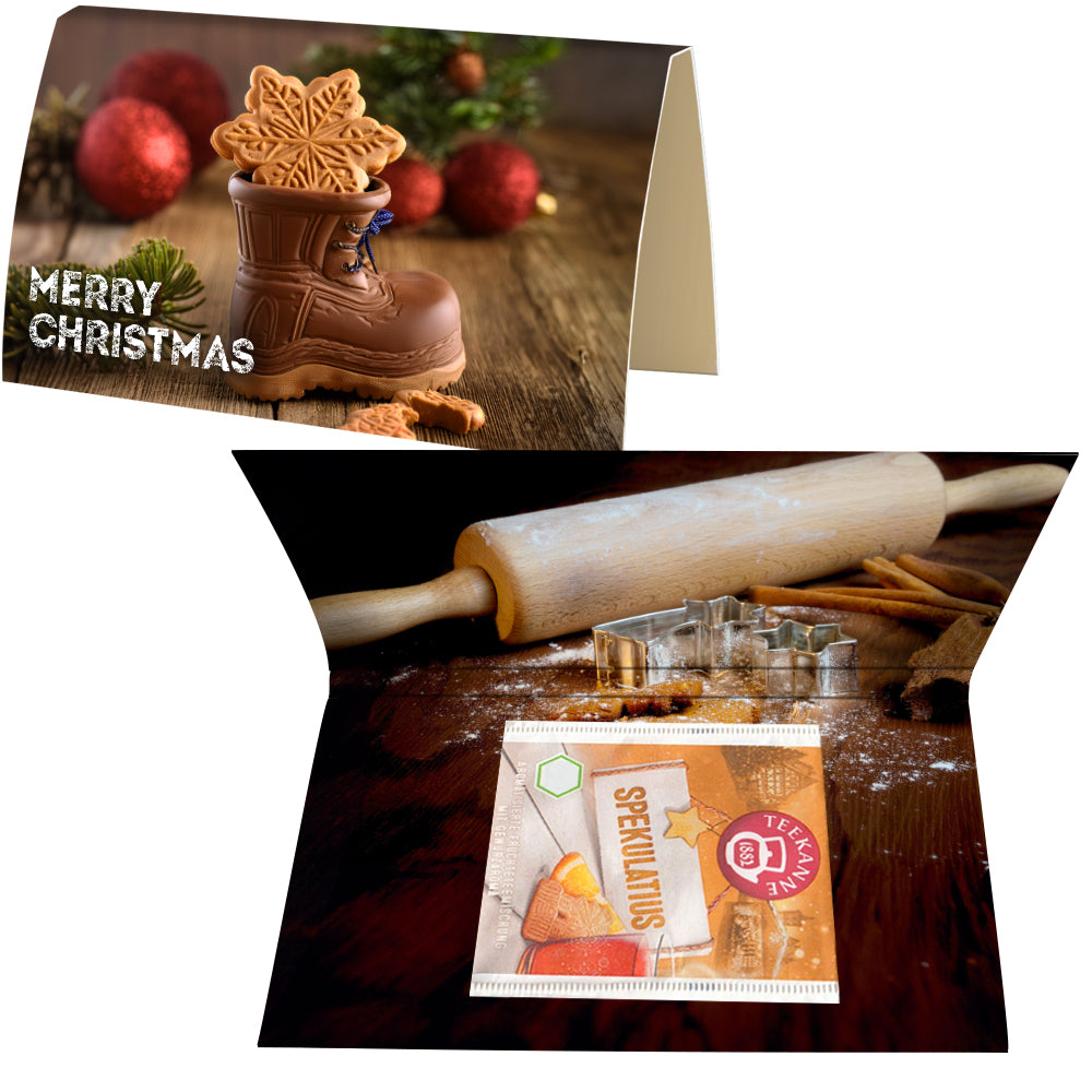 Bio Weihnachtstee in der Werbekarte A6 gefaltet – Bio Beuteltee Spekulatius, 2,25 g