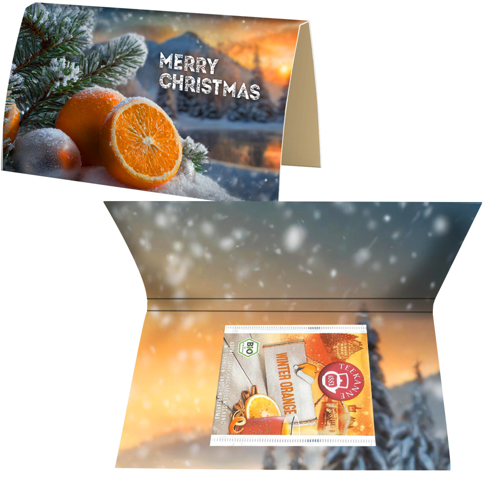 Bio Weihnachtstee in der Werbekarte A6 gefaltet – Bio Beuteltee Winter Orange, 2,25 g