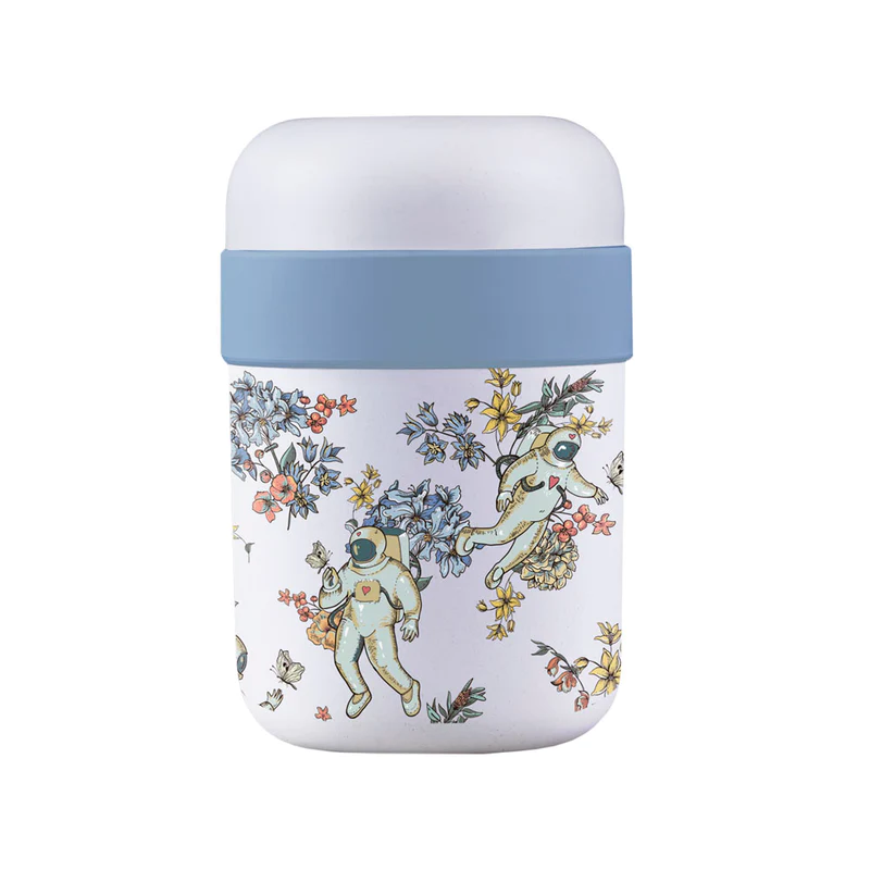 bioloco lunchpot blau weiß mit zwei Astronauten und Blumen