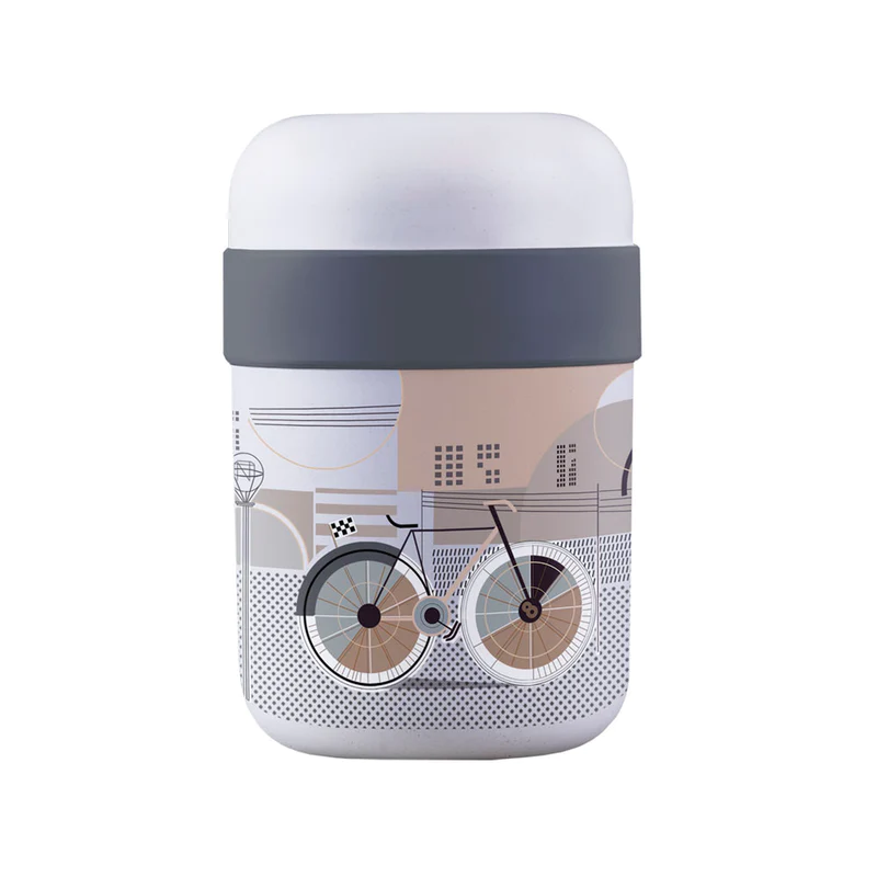 bioloco lunchpot dunkelbalu / dunkelgrau und weiß, mit einem schönen urbanen Fahrraddesign