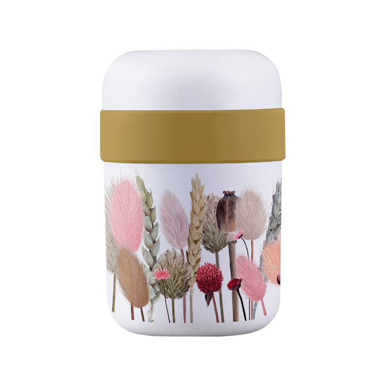 bioloco lunchpot mit einem Trockenblumenstrauß auf der Vorderseite als Design
