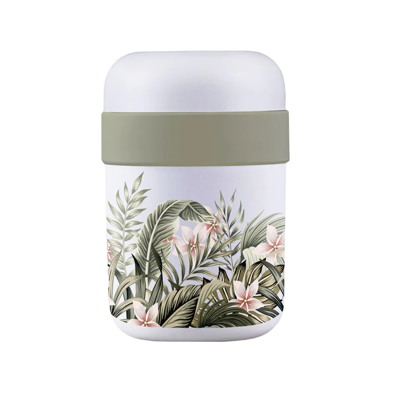 bioloco lunchpot in den Farben Weiß und Oliv mit grünen Pflanzen und rosa Blumen