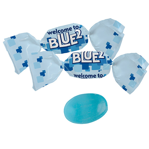 Blaue Pfefferminz Bonbons im Werbewickel mit Logo im Streudruck