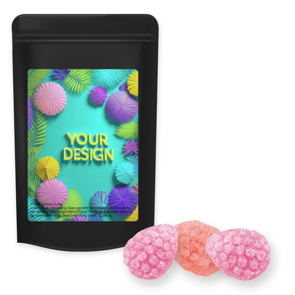 Bonbonmischungen im schwarzen Standbeutel Midi – Erdbeer Chili Bonbons, ca. 80 g