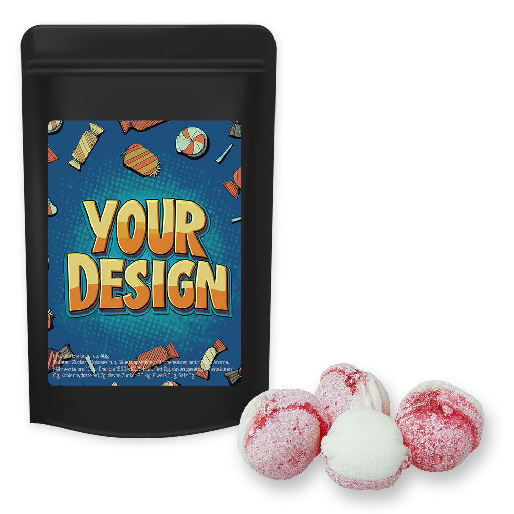 Bonbonmischungen im schwarzen Standbeutel Midi – Erdbeer Joghurt Bonbons, ca. 80 g