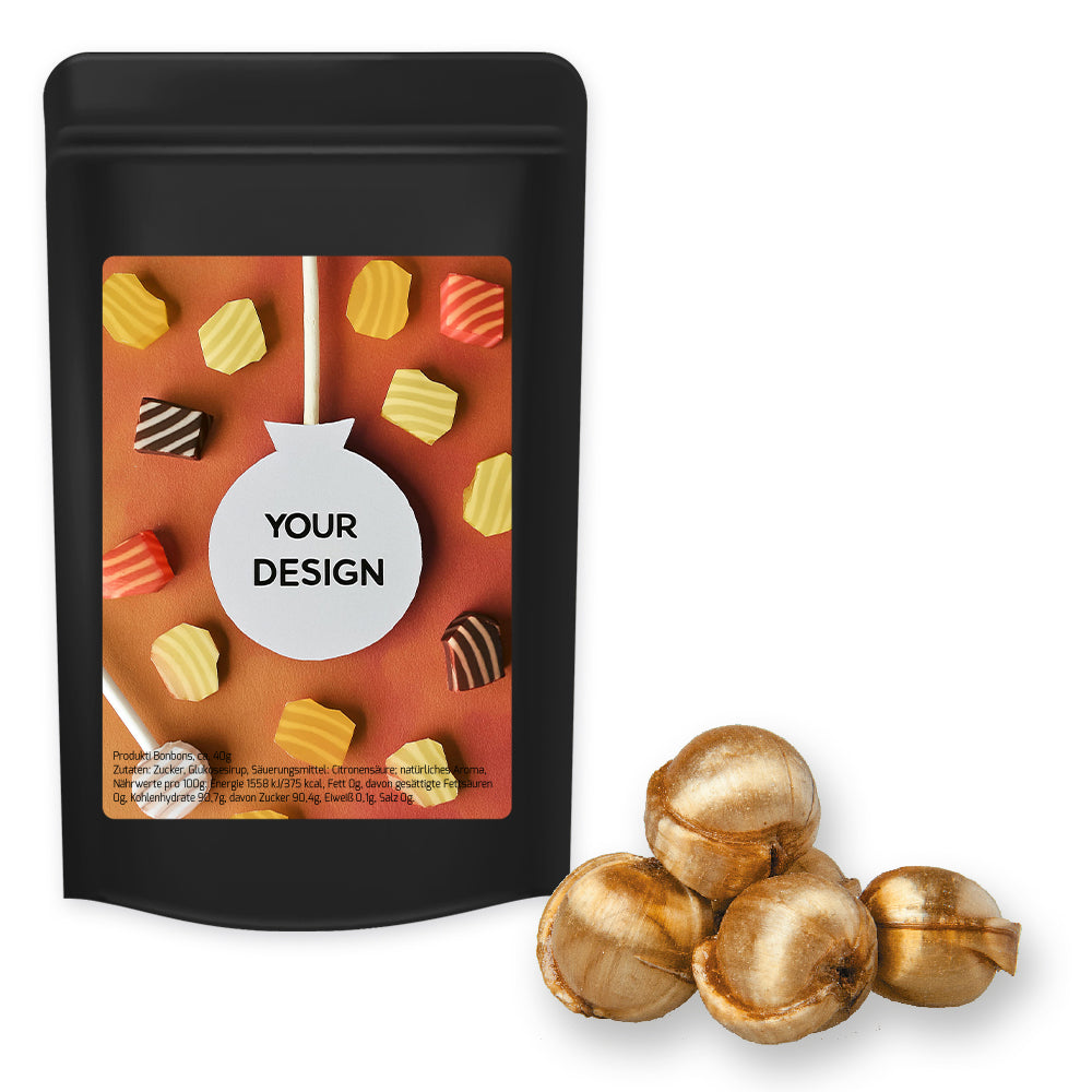 Bonbonmischungen im schwarzen Standbeutel Midi – Goldnüsse Bonbons, ca. 80 g