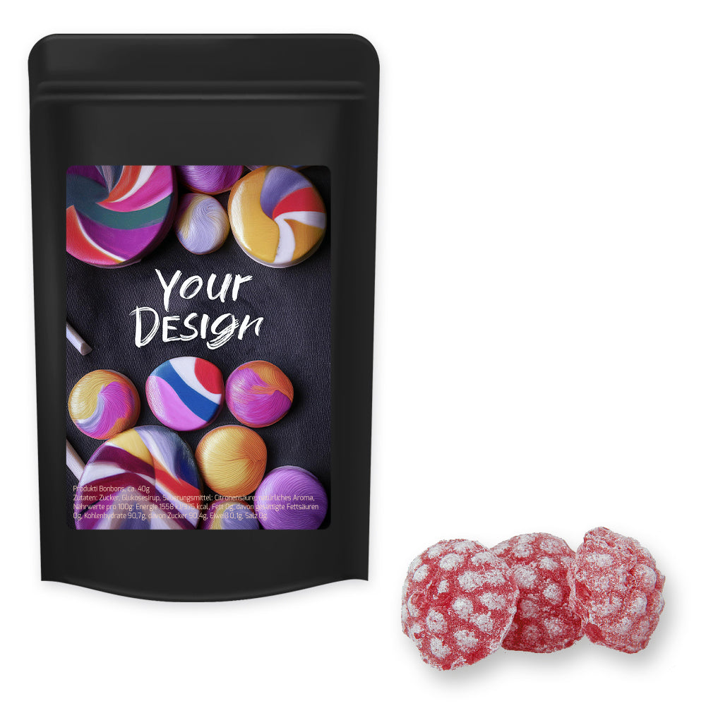 Bonbonmischungen im schwarzen Standbeutel Midi – Himbeer Bonbons, ca. 80 g