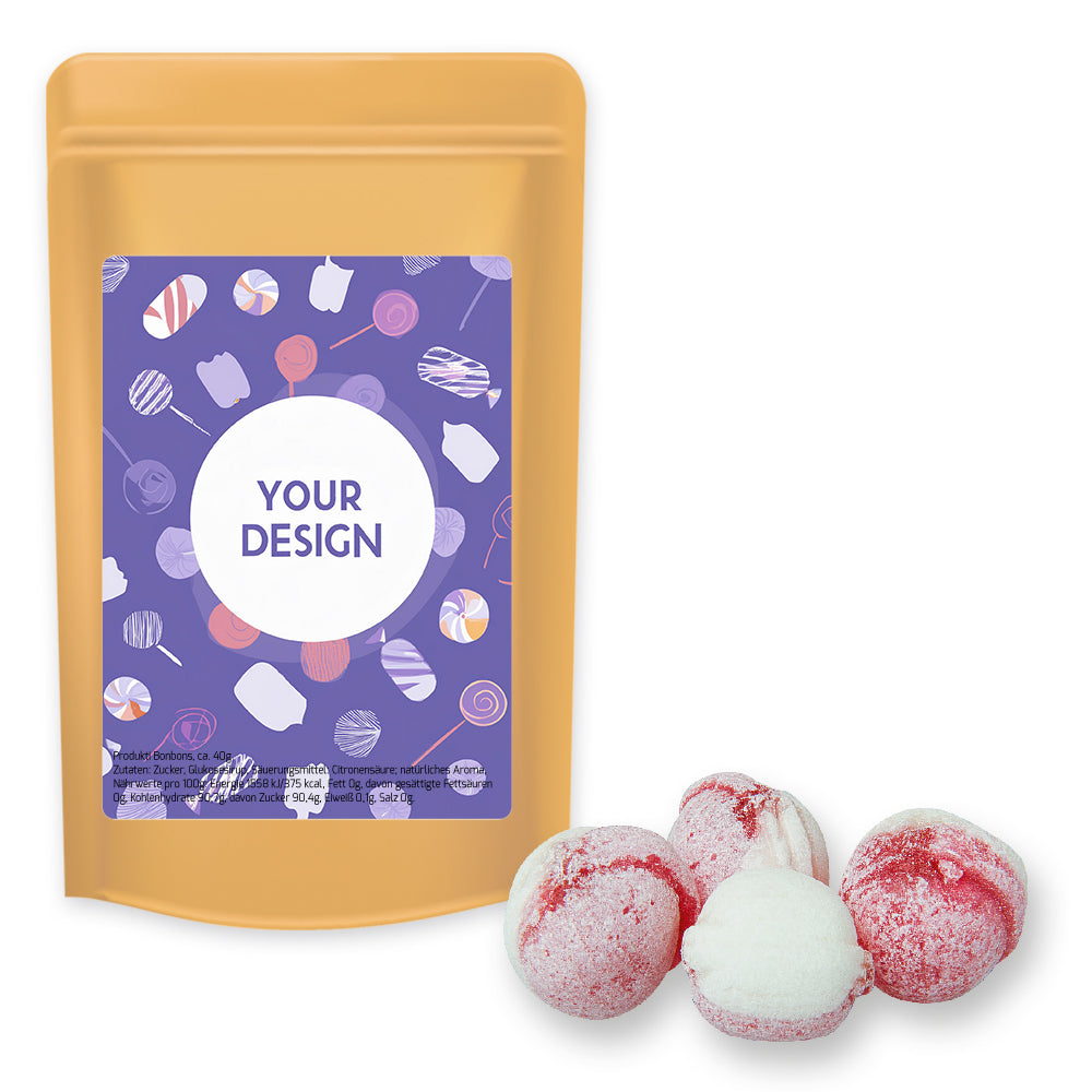 Bonbonmischungen im Standbeutel Midi aus Kraftpapier – Erdbeer Joghurt Bonbons, ca. 80 g
