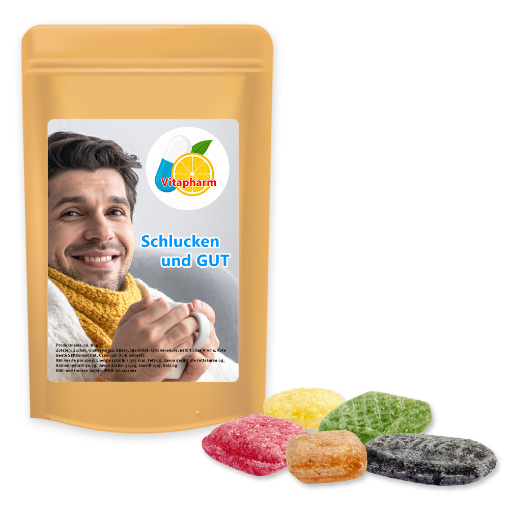 Bonbonmischungen im Standbeutel Midi aus Kraftpapier – Hustenbonbons, ca. 80 g