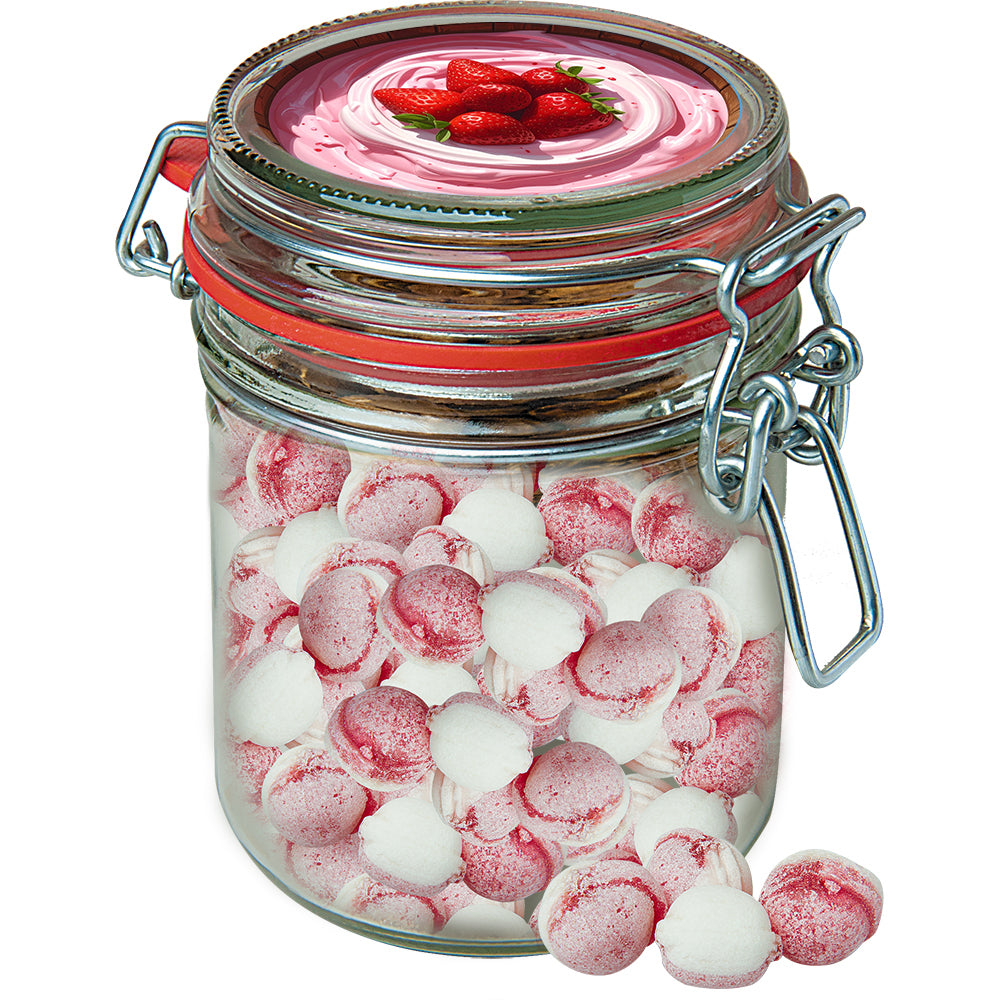 Bonbons im Glas Maxi mit Etikett – Erdbeer Joghurt Bonbons, ca. 200 g