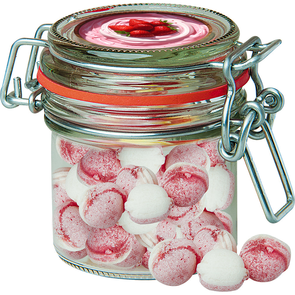 Bonbons im kleinen Glas mit Etikett – Erdbeer Joghurt Bonbons, ca. 60 g