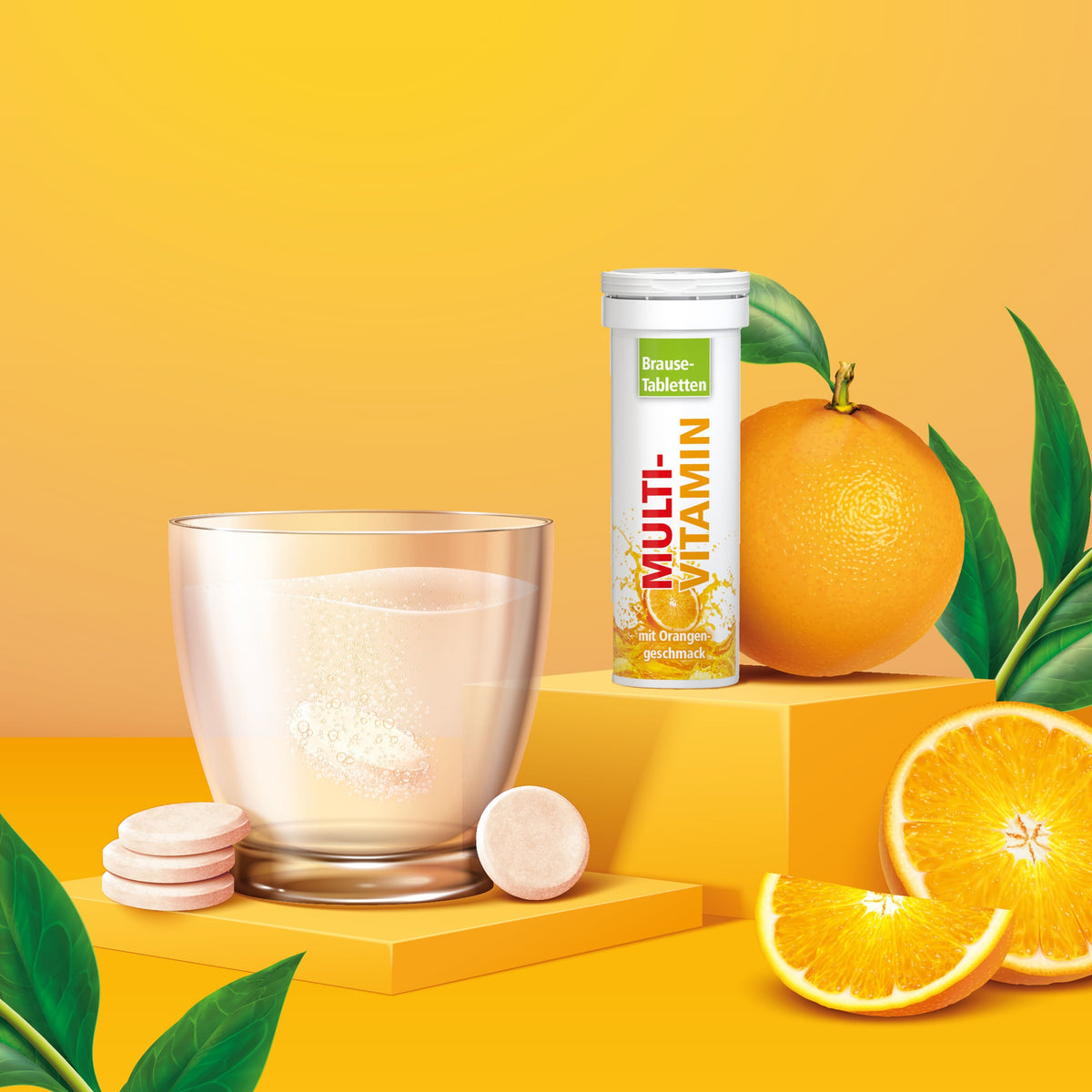 Brausetabletten Multivitamin 45 g Röhrchen mit Etikett rundum