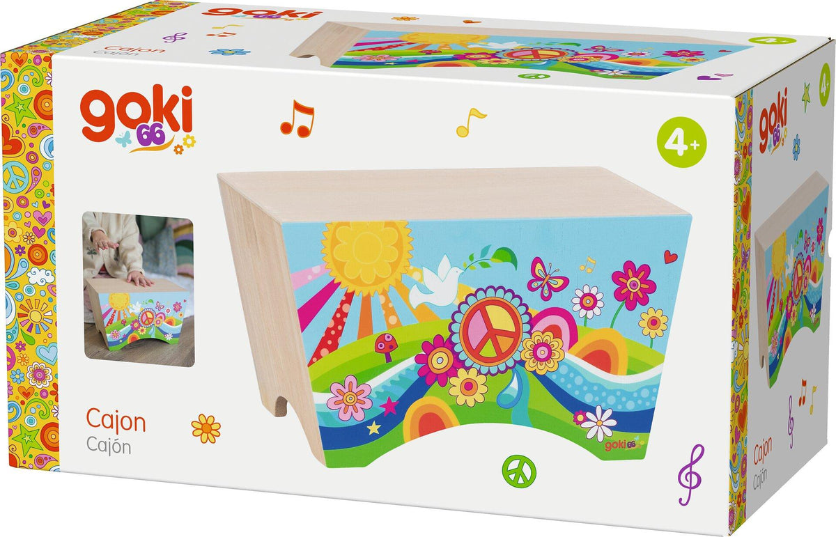 Cajon Blumenwiese aus Holz mit Sonne und Schmetterling – Detailansicht
