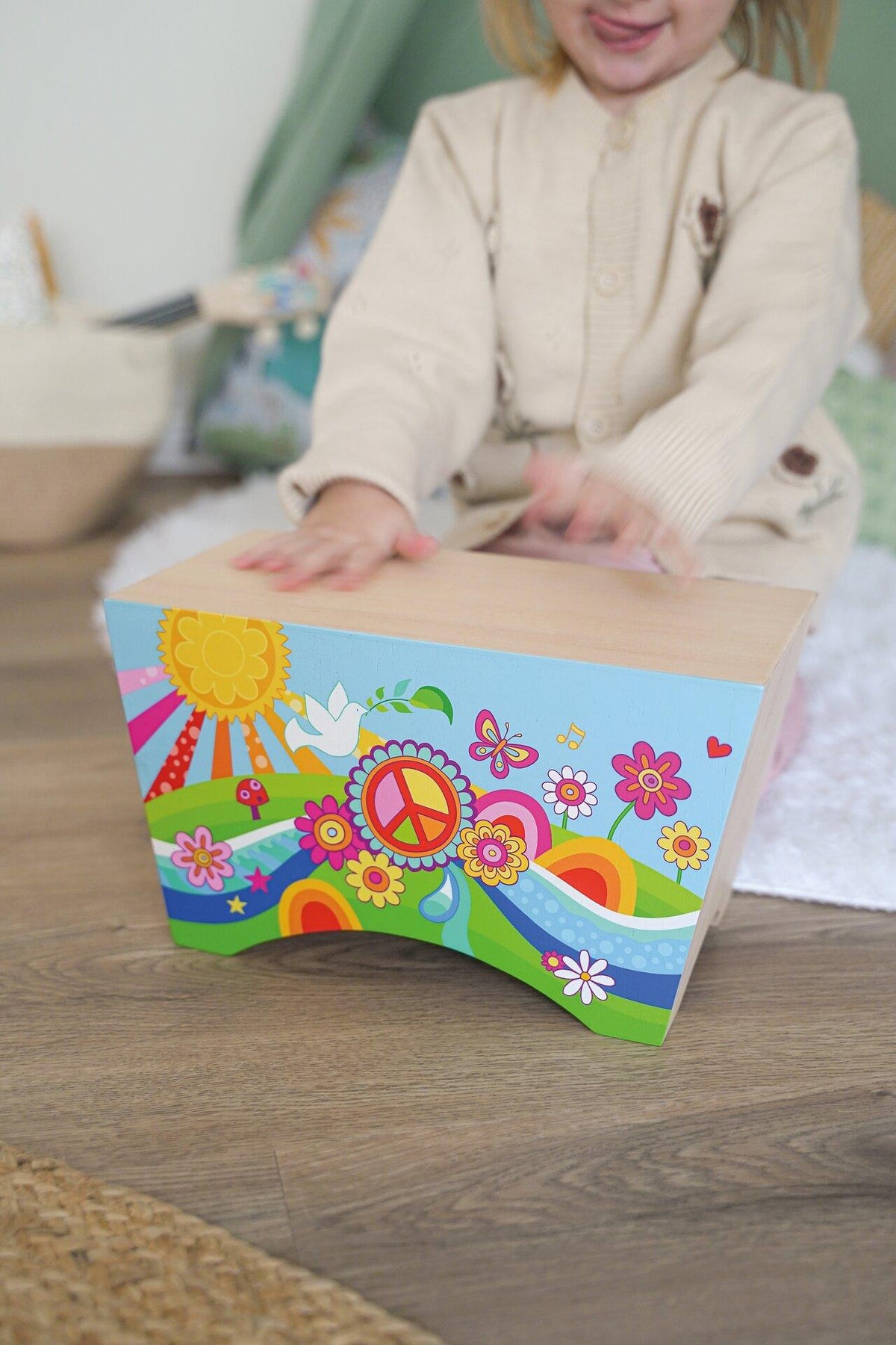 Cajon Blumenwiese aus Holz mit Sonne und Schmetterling – Nahaufnahme