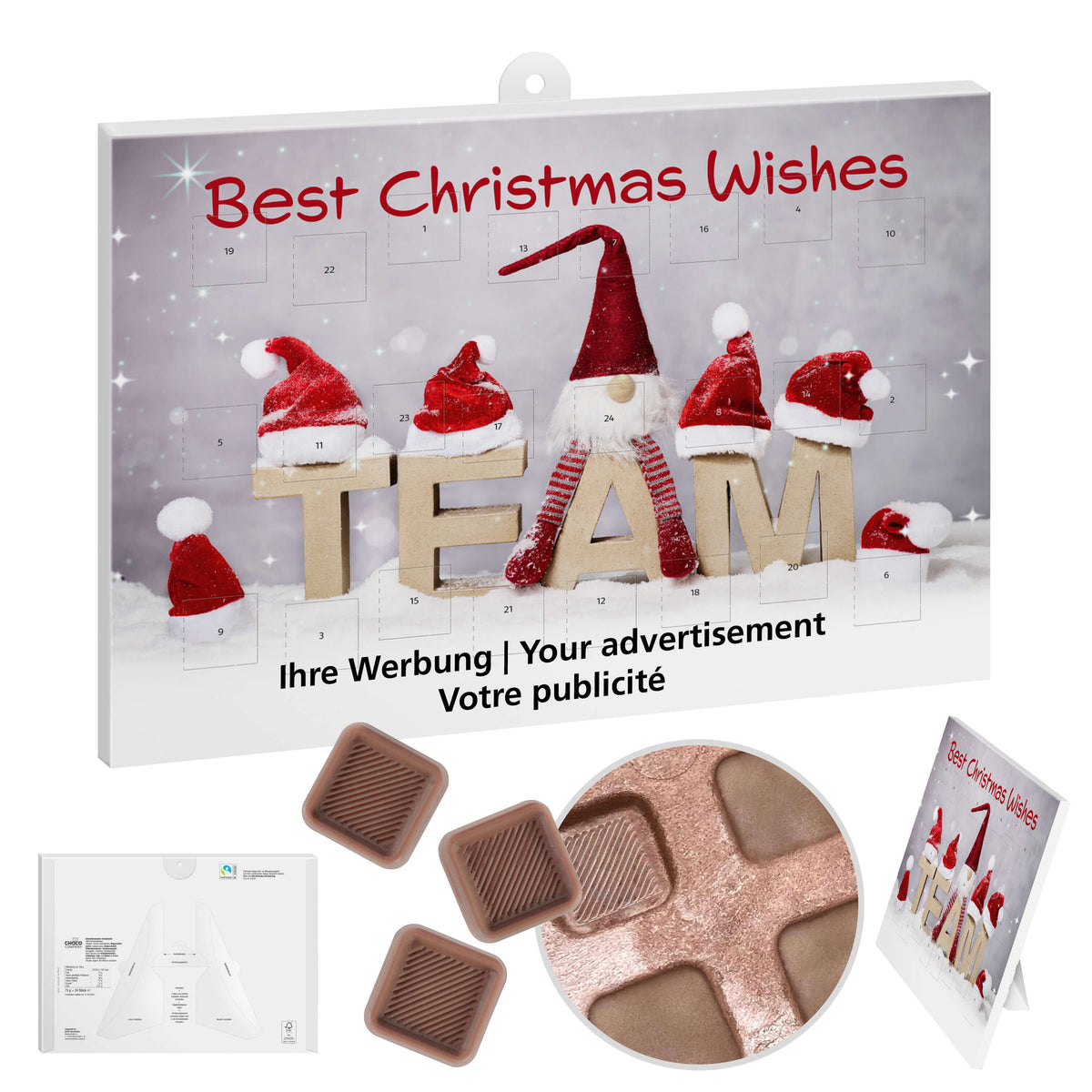 Classic Adventskalender mit Inlay, Standardmotiv und Logo im Werbefeld