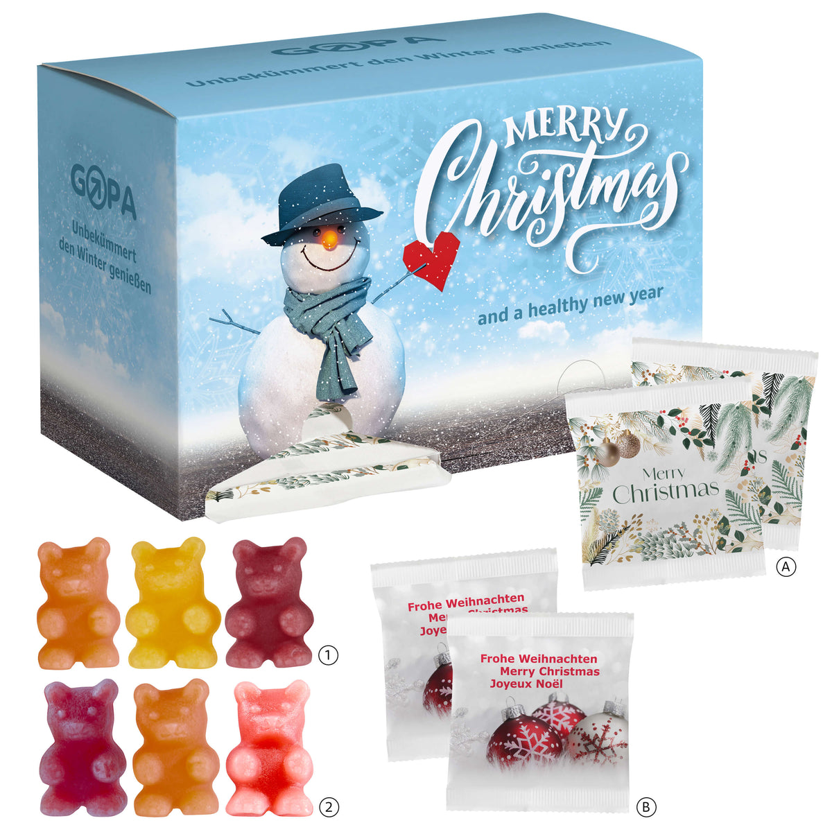 Dispenser Adventskalender mit bedrucktem Deckel und zwei Entnahmeöffnungen für Fruchtgummitütchen