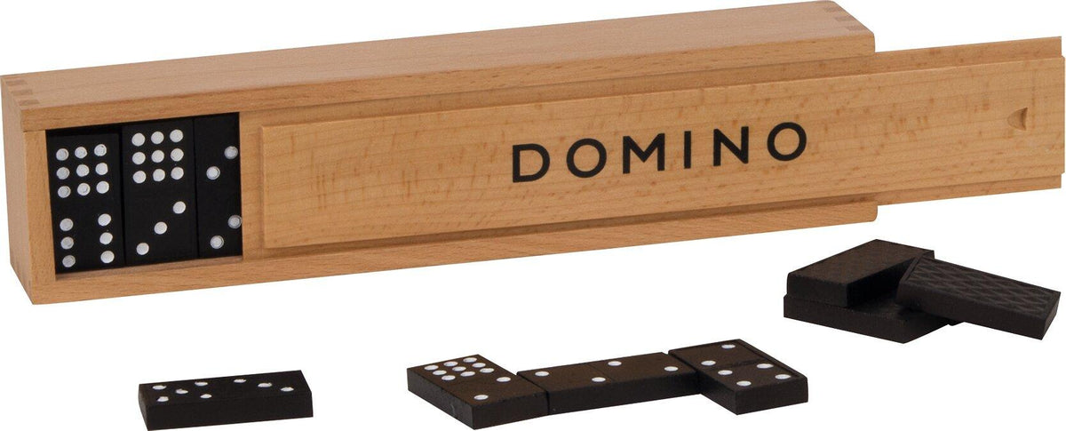 Dominospiel im Holzkasten mit 55 schwarzen Steinen – Ansicht
