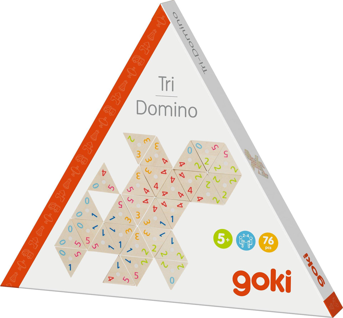 Dominospiel mit 76 dreieckigen Holzsteinen und Zahlen – Verpackung