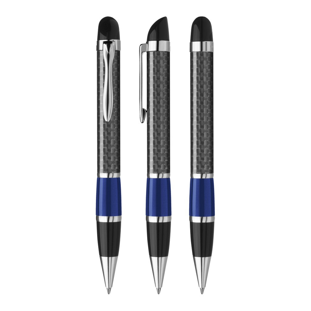 Drehkugelschreiber mit Carbonoptik und Griffzone – Blau