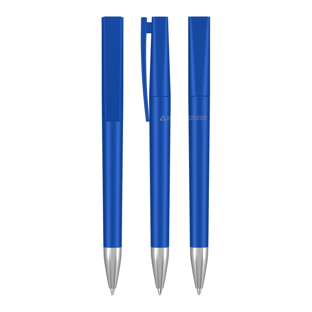 Drehkugelschreiber mit geripptem Griff und Metallspitze – Blau