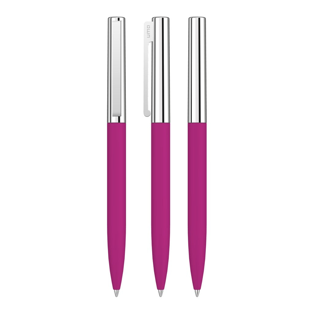 Drehkugelschreiber mit Soft Touch Griff und Chromkappe – Magenta