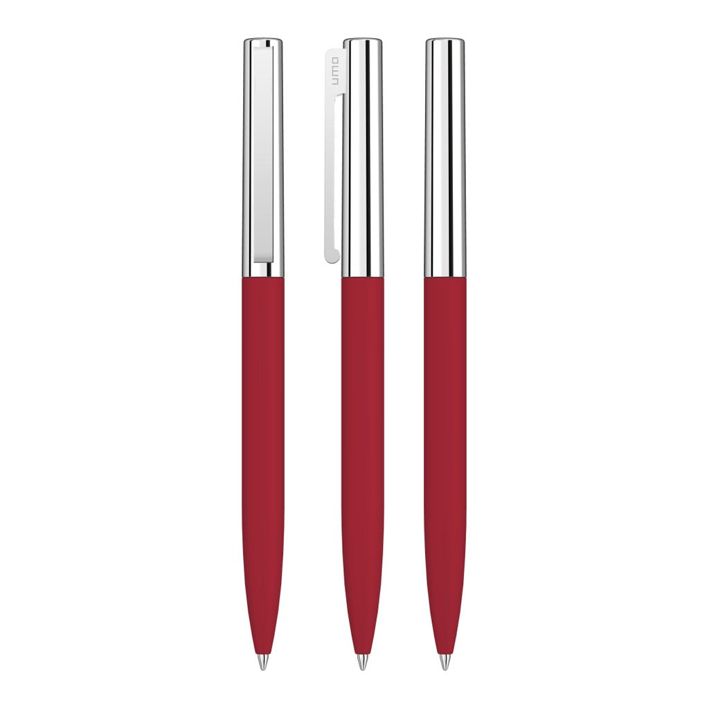 Drehkugelschreiber mit Soft Touch Griff und Chromkappe – Rot