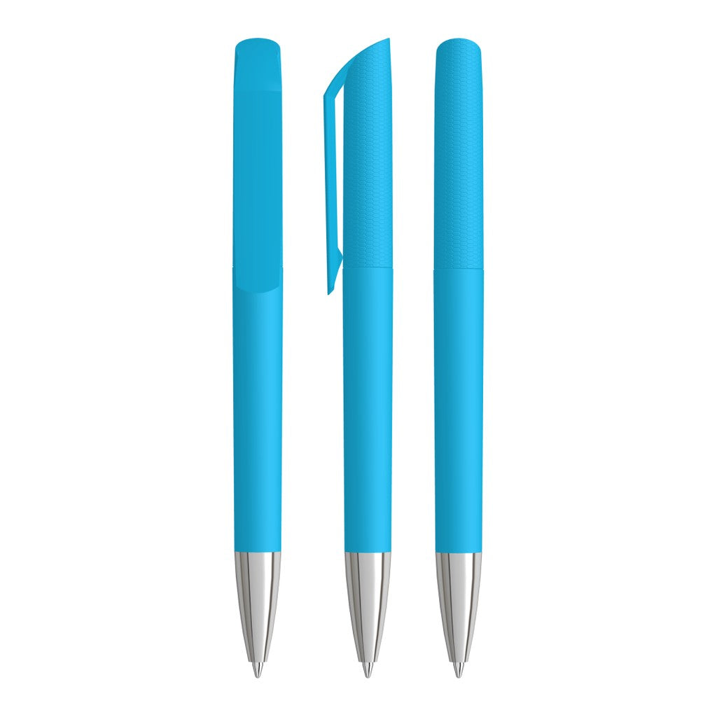 Drehkugelschreiber mit strukturiertem Softtouch Griff – Cyan